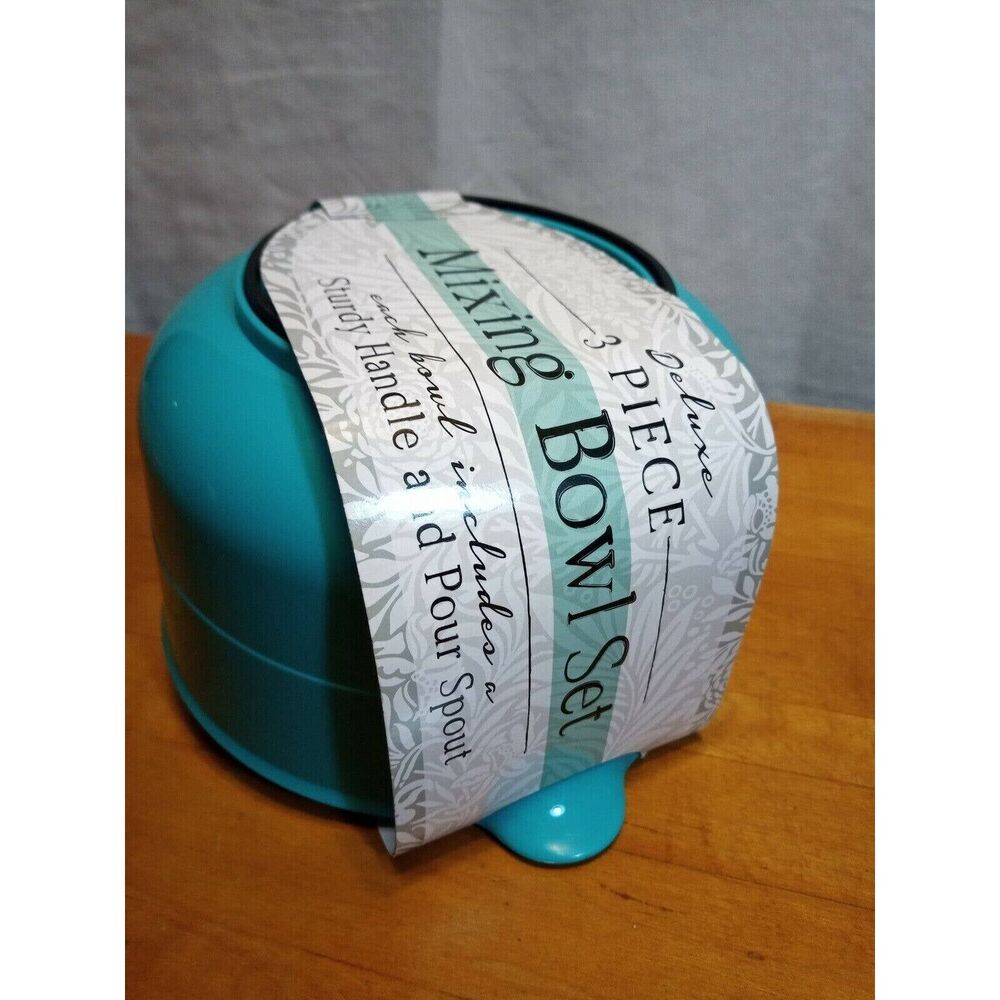 Deluxe 3 Piece Mixing Bowl Set Sturdy Handle & Pour Set Plastic Teal